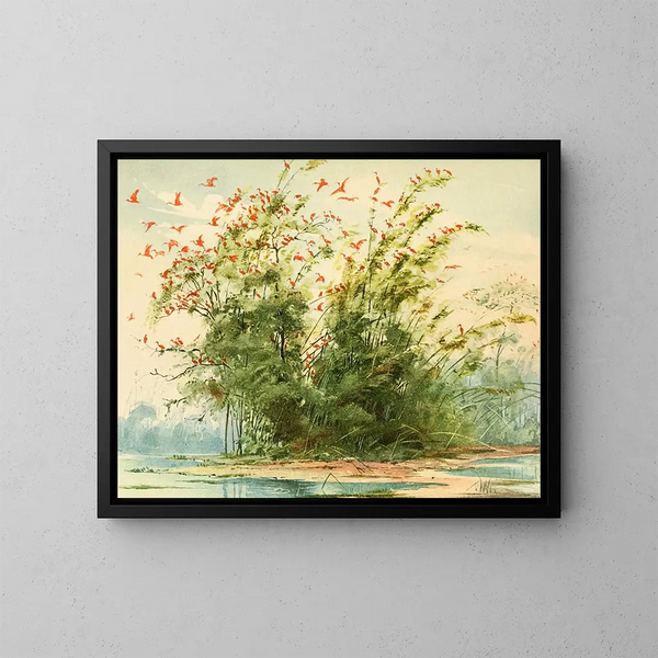 Szene eines Reiher-Nests mit rotem Ibis an der Atlantikküste der Insel Maraj - Emil August Göldi — gerahmtes Bild an der Wand