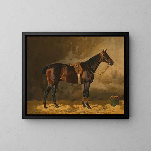Ein brauner Hengst in einer Stallung - Emil Volkers — gerahmtes Bild an der Wand