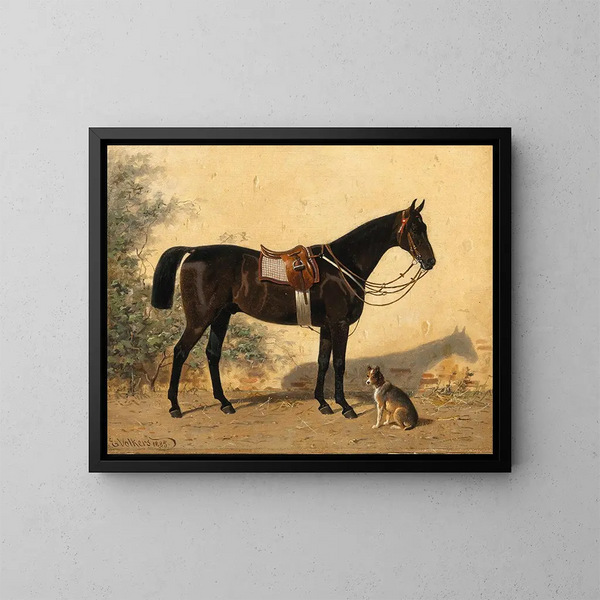 Ein schwarzes Pferd mit einem Hund - Emil Volkers — gerahmtes Bild an der Wand