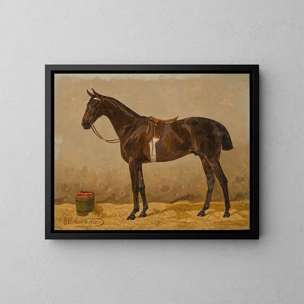 Ein brauner Pferd in einer Stallung - Emil Volkers — gerahmtes Bild an der Wand