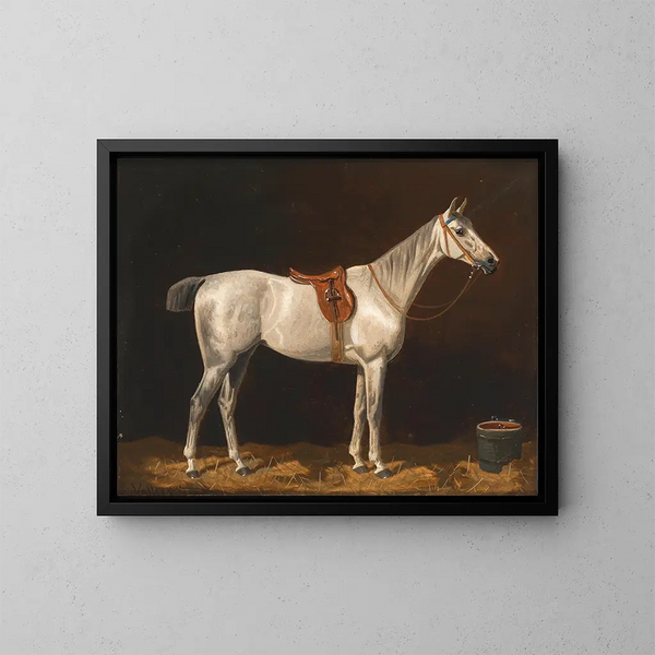 Ein weißes Pferd in einer Stallung - Emil Volkers — gerahmtes Bild an der Wand