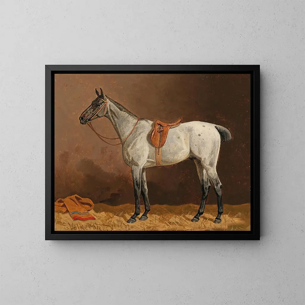 Ein weißes Pferd in der Scheune - Emil Volkers — gerahmtes Bild an der Wand