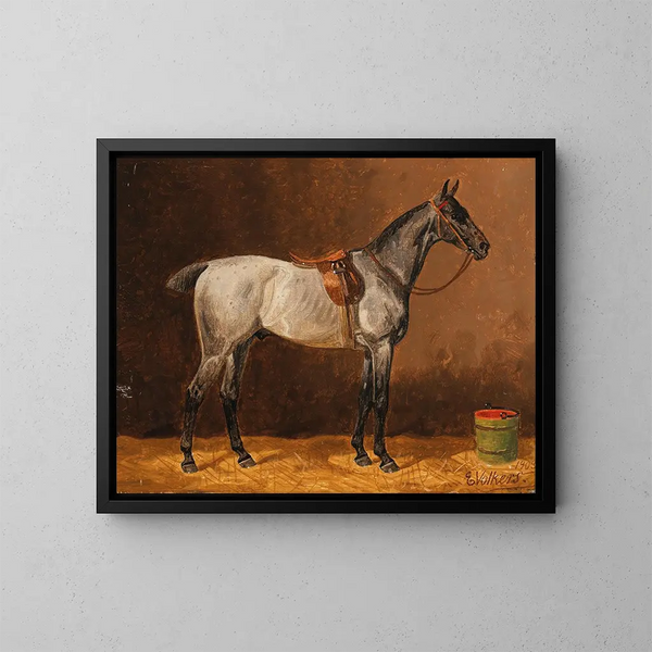 Ein gesatteltes Pferd in einem Stall - Emil Volkers — gerahmtes Bild an der Wand
