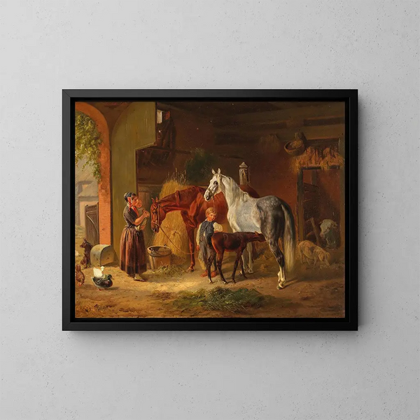 Besuch beim Fohlen im Stall - Emil Volkers — gerahmtes Bild an der Wand