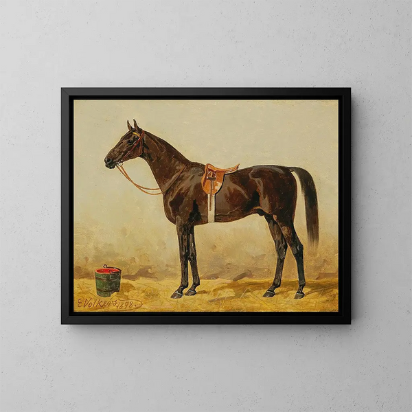 Schwarzes Pferd in der Stallung II - Emil Volkers — gerahmtes Bild an der Wand