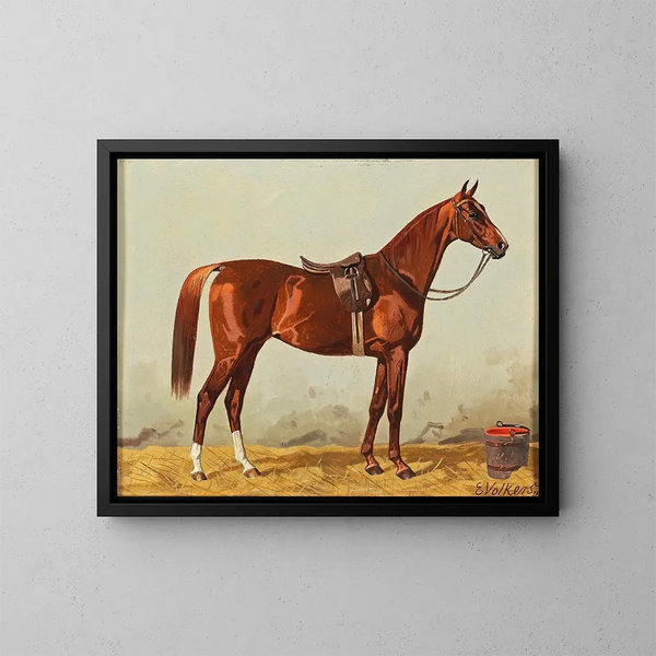 Brauner Pferd in der Stallung mit Satteldecke - Emil Volkers — gerahmtes Bild an der Wand