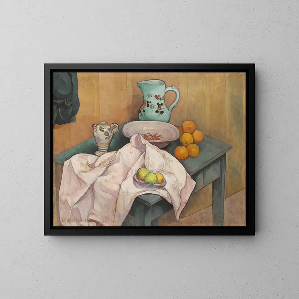 Stillleben mit Krug und Früchten auf einer ausgebreiteten Serviette - Émile Bernard — gerahmtes Bild an der Wand