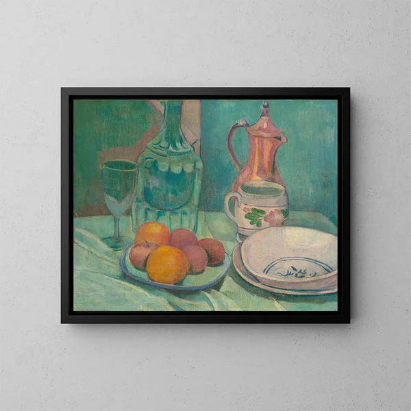 Stillleben mit Karaffe, Glas, Früchten, Tellern, Tasse und Kaffeemaschine - Émile Bernard — gerahmtes Bild an der Wand