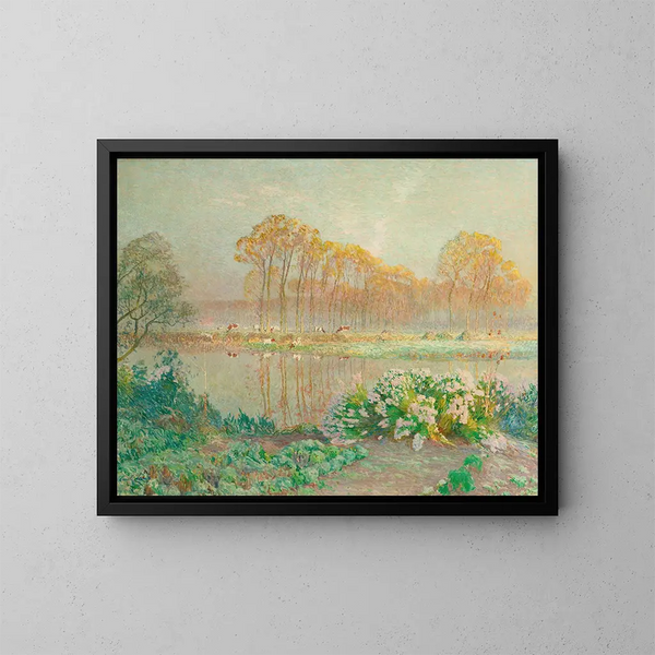 Paesaggio con stagno e fiori - Émile Claus — quadro incorniciato alla parete