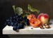Fruit still life painting with grapes, peaches, and nuts on a marble pedestal - Emilie Preyer — artwork view