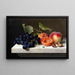 Fruit still life painting with grapes, peaches, and nuts on a marble pedestal - Emilie Preyer — framed artwork on a wall
