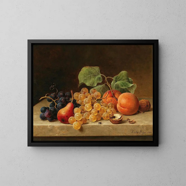 Naturstillleben mit Trauben, Pfirsichen, Birne und Nüssen - Emilie Preyer — gerahmtes Bild an der Wand