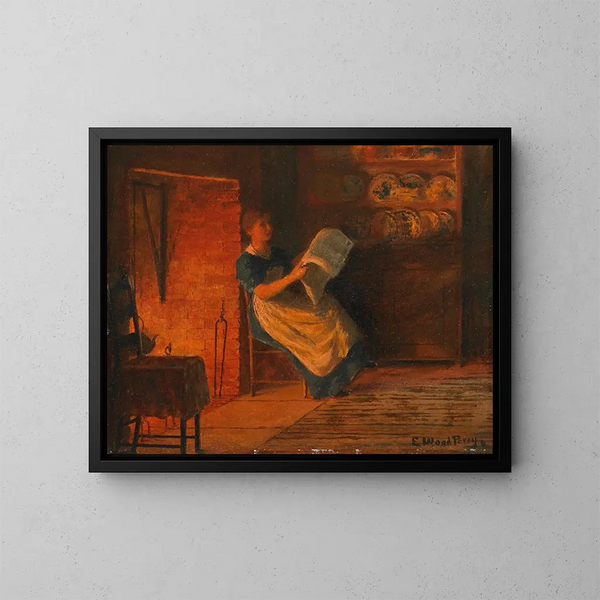 Lesestunde am Kamin - Enoch Wood Perry Jr — gerahmtes Bild an der Wand