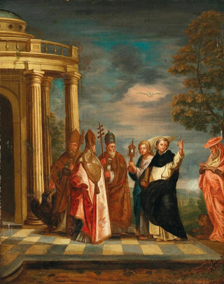 Erasmus De Bie - Saint Thomas Aquinas With Saints Ambrose Augustine Pope Gregory The Great And Jerome Contemplating The Blessed Sacrament.webp