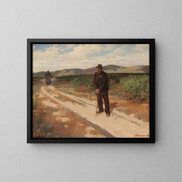 Landschaft mit einem Mann und einer Frau auf einem Kiesweg - Erik Henningsen — gerahmtes Bild an der Wand