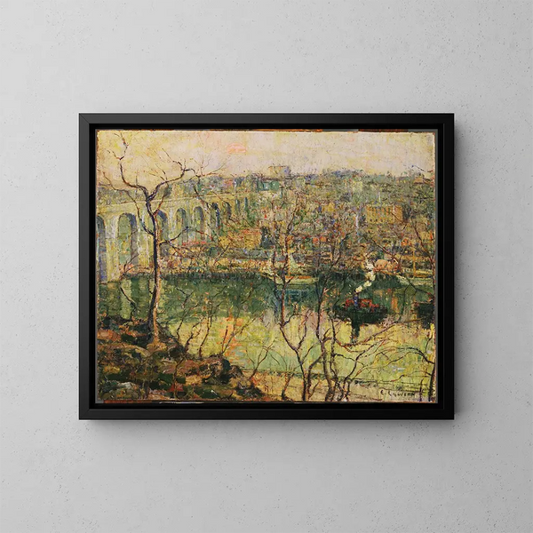 Ponte elevato sotto la luna crescente - Ernest Lawson — quadro incorniciato alla parete