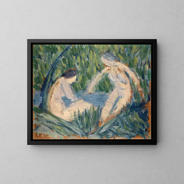 Junge, der in einem Fluss im Wald badet - Ernst Schiess — gerahmtes Bild an der Wand