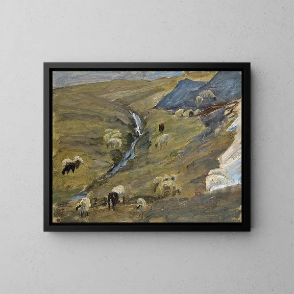 Herde von Schafen auf einer Alm - Ernst Schiess — gerahmtes Bild an der Wand
