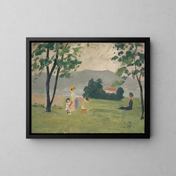 Frauen und Kind auf einer Wiese - Ernst Schiess — gerahmtes Bild an der Wand