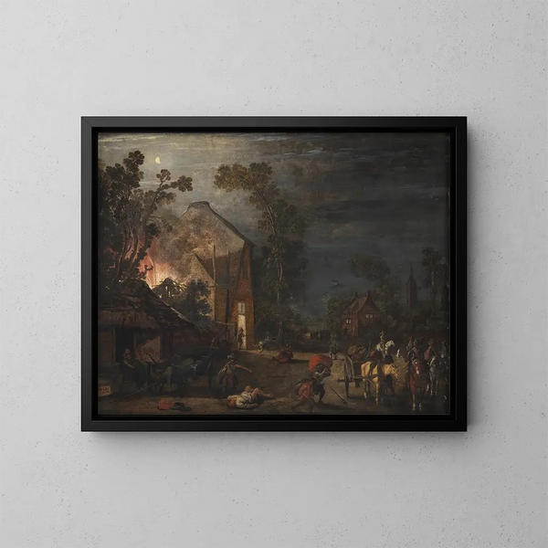 Un villaggio saccheggiato durante la notte - Esaias van de Velde — quadro incorniciato alla parete