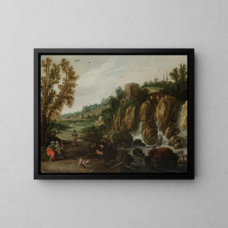 Esaias van de Velde - A rocky landscape with a waterfall and Ruth and Boaz.webp