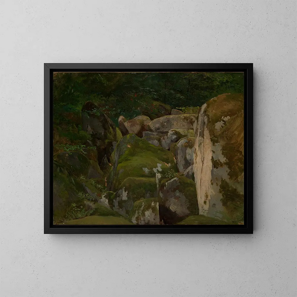 Rochers moussus dans la vallée forestière - Eugen Bracht — gerahmtes Bild an der Wand