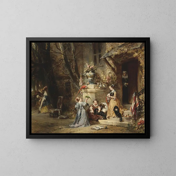 Kinder, die mit ihren Lieblingstieren spielen - Eugène Isabey — gerahmtes Bild an der Wand