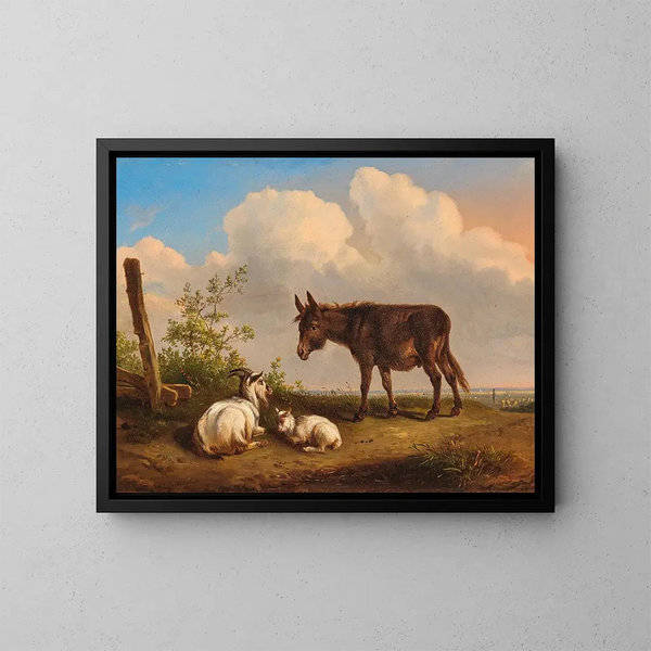 Ein Esel und Ziegen auf einer Landstraße - Eugène Joseph Verboeckhoven — gerahmtes Bild an der Wand