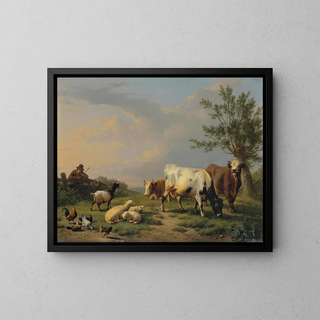 Eugne Joseph Verboeckhoven - A Farmer With Three Cows Three Sheep One Goat And Five Chickens In A Landscape.webp