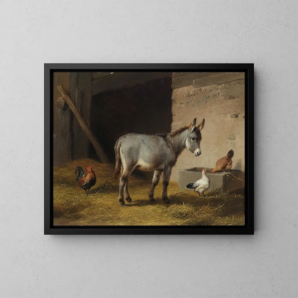 Esel und Hühner im Stall - Eugène Joseph Verboeckhoven — gerahmtes Bild an der Wand