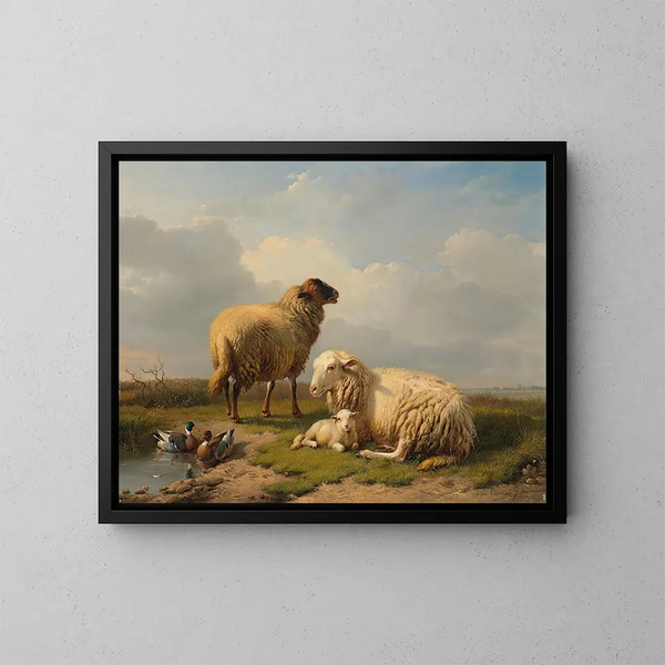 Schafe, Lämmer und Enten in der Nähe eines Teiches - Eugène Joseph Verboeckhoven — gerahmtes Bild an der Wand