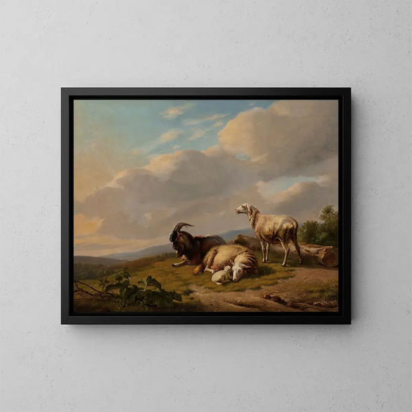 Schafe und Ziegen in einer Landschaft - Eugène Joseph Verboeckhoven — gerahmtes Bild an der Wand