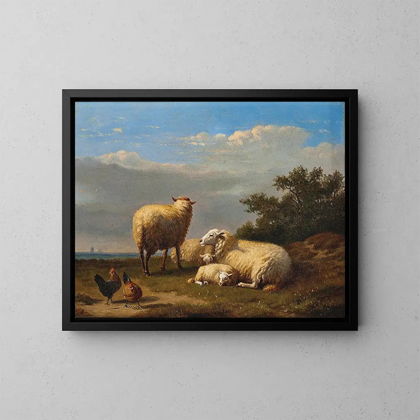 Schafe und Geflügel auf der Weide - Eugène Joseph Verboeckhoven — gerahmtes Bild an der Wand