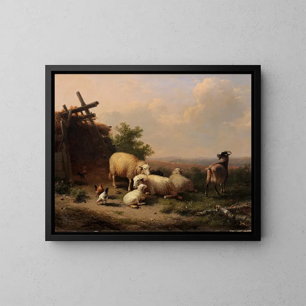 Schafe, Ziegen und Geflügel in der Nähe eines Unterschlupfs in einer hügeligen Landschaft - Eugène Joseph Verboeckhoven — gerahmtes Bild an der Wand