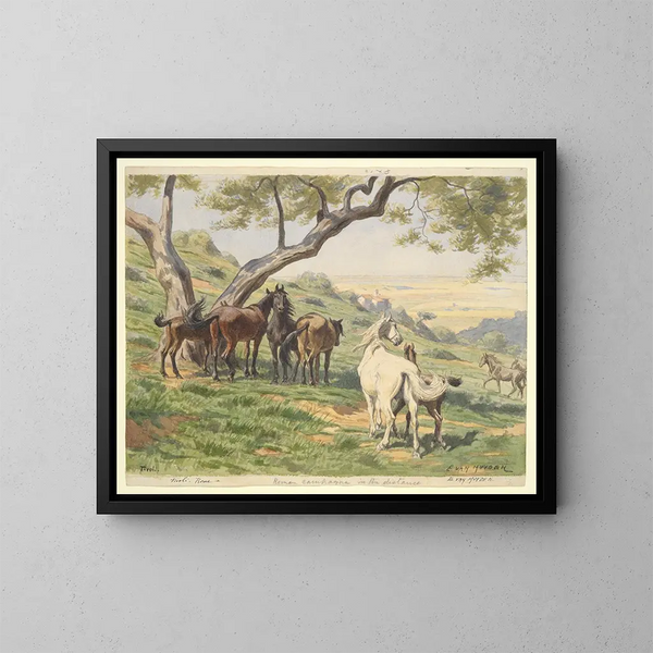 Pferde in einem Feld bei Tivoli - Évart Louis van Muyden — gerahmtes Bild an der Wand