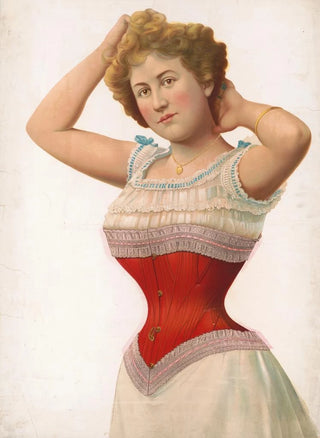 F B Patterson - Woman wearing a red corset with her arms raised to her head showing off the corset and her shape.webp