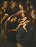 La Sacra Famiglia con San Francesco d'Assisi che adora il Bambino Gesù con due giovani e angeli sopra - Fabrizio Santafede — vista dell’opera