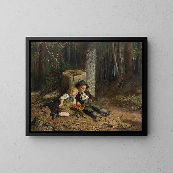 Kinder beim Sammeln von Beeren schlafend im Wald - Felix Schlesinger — gerahmtes Bild an der Wand