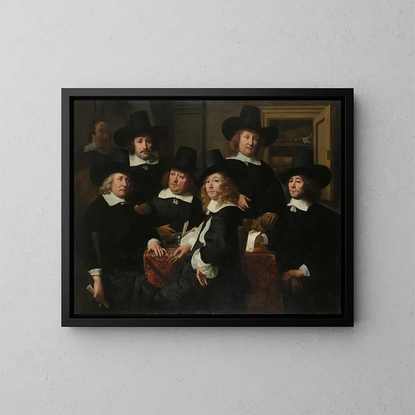 Sechs Regenten und den Lehrer des Instituts Nieuw Zijds für die externe Unterstützung der Armen, Amsterdam 1657 - Ferdinand Bol — gerahmtes Bild an der Wand