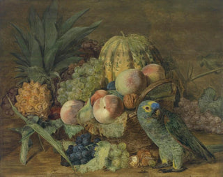 Ferdinand Georg Waldmller - Frchtestillleben mit Papagei.webp
