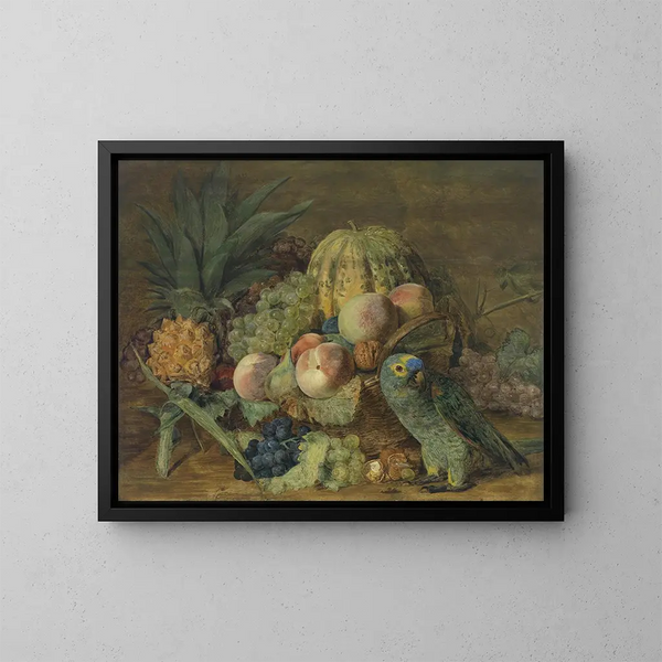 Natura morta con pappagallo - Ferdinand Georg Waldmüller — quadro incorniciato alla parete