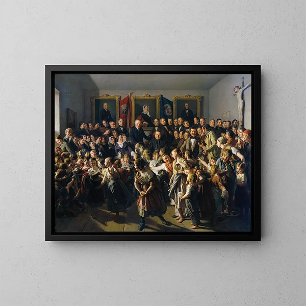 I bambini delle famiglie povere sono aiutati dal comune di Spittelberg in occasione di San Michele con abbigliamento invernale. - Ferdinand Georg Waldmüller — quadro incorniciato alla parete