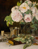 Stillleben mit Rosen in einem Glas, einem Kerzenleuchter und einer silbernen Schale - Ferdinand Georg Waldmüller — Ansicht des Kunstwerks