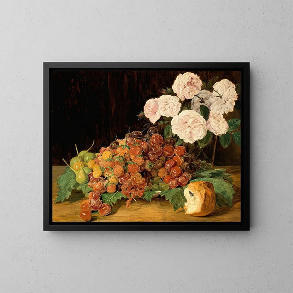 Nature morte con rose, fragole e pane - Ferdinand Georg Waldmüller — quadro incorniciato alla parete