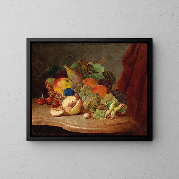 Stillleben mit Obstkorb und Biene - Ferdinand Kuss — gerahmtes Bild an der Wand