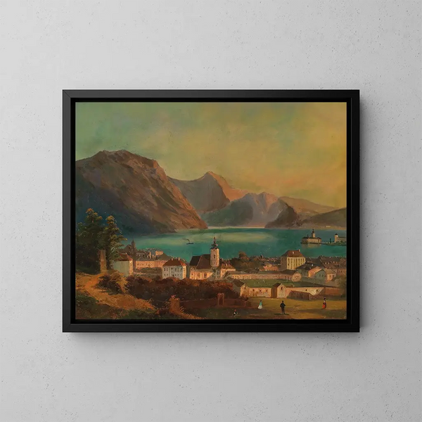 Una vista di Gmunden con il castello di Orth sullo sfondo - Ferdinand Lepié — quadro incorniciato alla parete