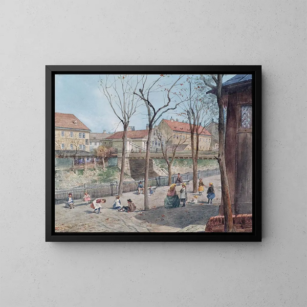 Das gekettete Brücke am Fluss Wien - Ferdinand Weckbrodt — gerahmtes Bild an der Wand