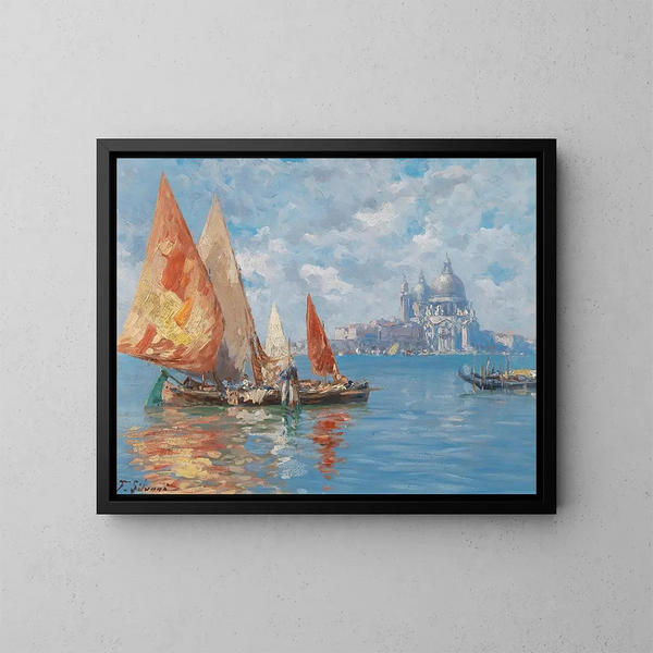 Bateaux de pêche à Venise devant Santa Maria della Salute - Ferdinando Silvani — gerahmtes Bild an der Wand