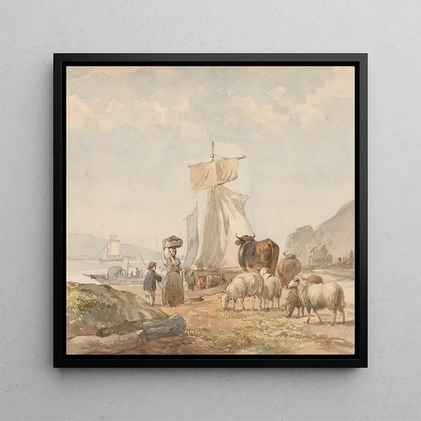 Figures avec du bétail au bord de la rivière avec un bac - Julius Jacobus van de Sande Bakhuyzen