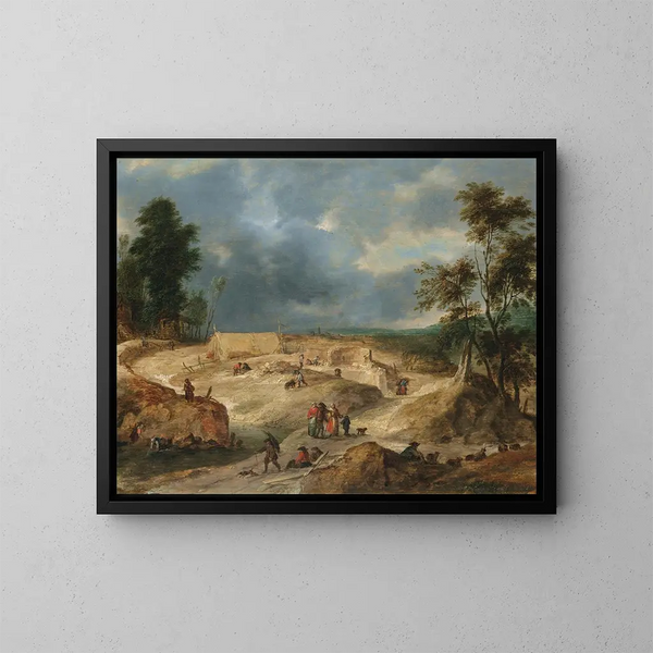 Un paesaggio con contadini che costruiscono un villaggio - Scuola fiamminga — quadro incorniciato alla parete